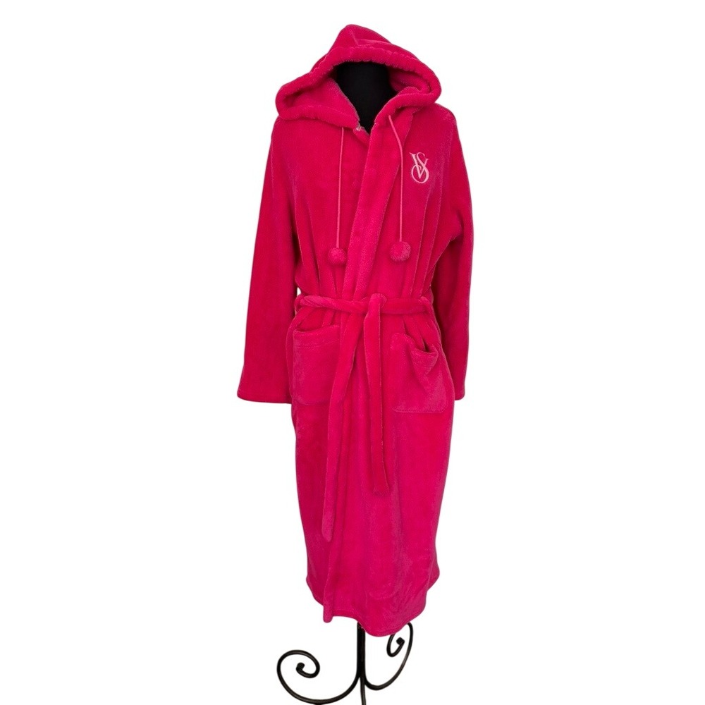 Victorias Secret Plush Hooded Robe Pom Pom Large Hot Pink Long Cozy Fleece